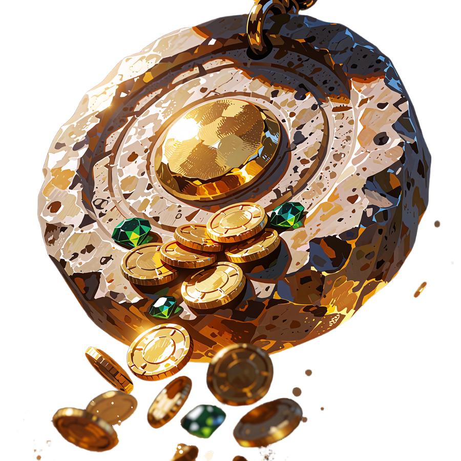 Kamienny amulet z wygrawerowanymi obręczami i złotą monetą pośrodku, otoczony sypiącymi się monetami - symbol cashbacku sportowego